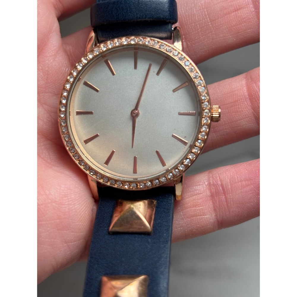 Womens Rose Gold Crystal Bezel Watch Navy Blue Studded Strap Fashion Timepiece